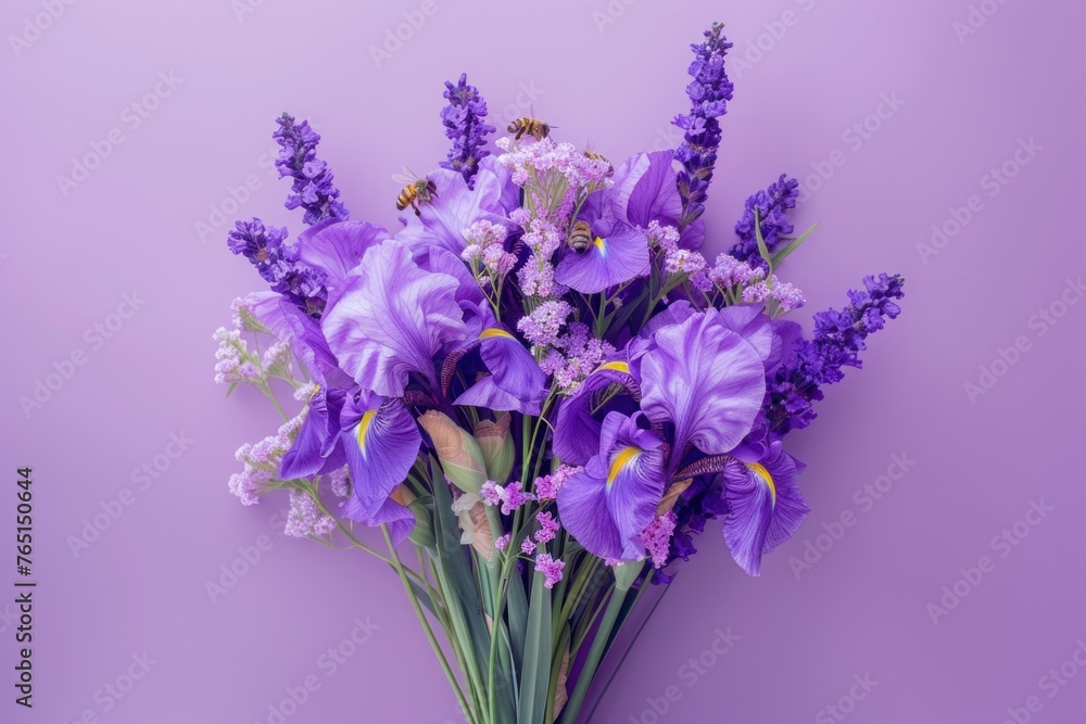 Fototapeta premium Purple Irises and Lavender Flowers Bouquet on Elegant Purple Background. Floral Composition and Greeting Card Template with Copy Space.