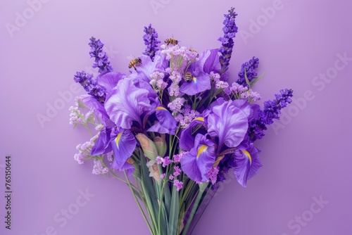 Purple Irises and Lavender Flowers Bouquet on Elegant Purple Background. Floral Composition and Greeting Card Template with Copy Space.