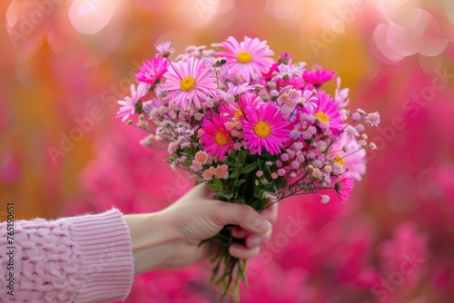 Close-up of a hand holding a beautiful bouquet of pink and white daisies in soft pink background, floral gift concept