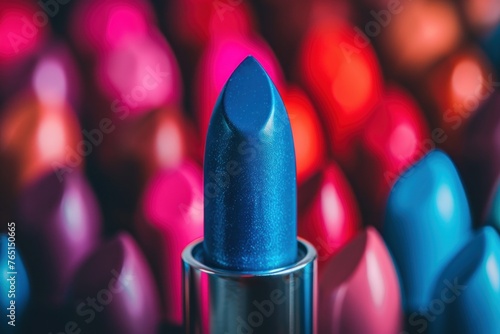 Colorful array of lipstick tubes with a vibrant blue one catching the eye among the rest, standing out in the crowd. photo