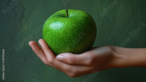 a person's hand holding a green apple in front of a green background with a green textured wall. photo