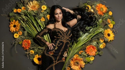 a woman with long black hair standing in front of a heart shaped arrangement of sunflowers and greenery. photo