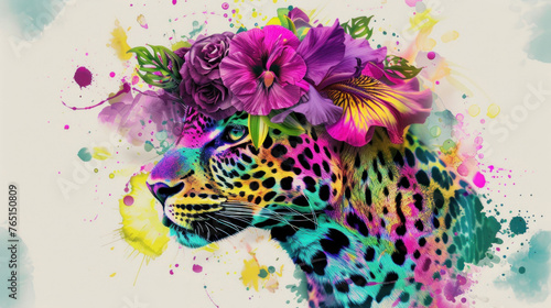 a painting of a leopard with flowers on it s head and a splash of paint on it s body.