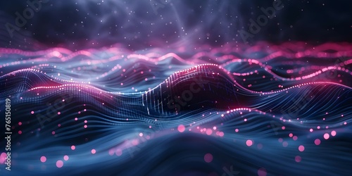 Digital Abstract Dark Cyberspace Background with Neon Network Waves and Secure Connection Grid Texture. Concept Abstract Art, Dark Background, Cyberspace, Neon Waves, Secure Connection Grid Texture