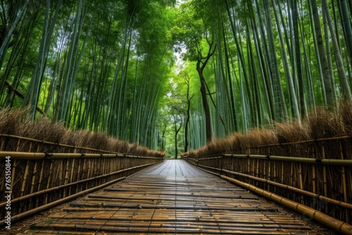 Tranquil Nature bamboo path. Japan forest art. Generate Ai