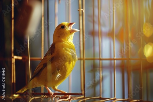 Close-up of a magnificent canary bird perched in an ornate cage with a soft sunlight background, creating a serene and tranquil setting photo