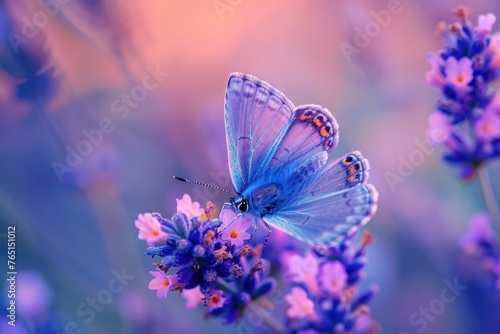 Captivating Blue Morpho Butterfly Resting on Lavender Petals in Gentle Morning Light, Nature Photography Print for Home Decor photo