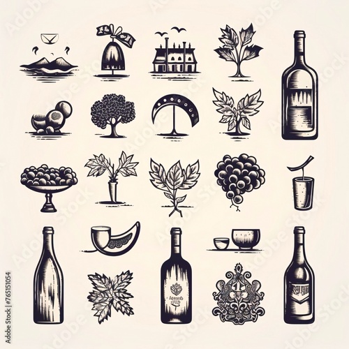 Set of hand drawn wine icons. Vector illustration in vintage style.