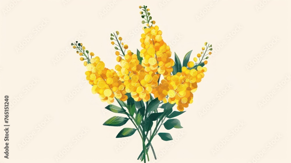 a painting of a bunch of yellow flowers with green leaves on a white background with a green stem in the center of the picture.