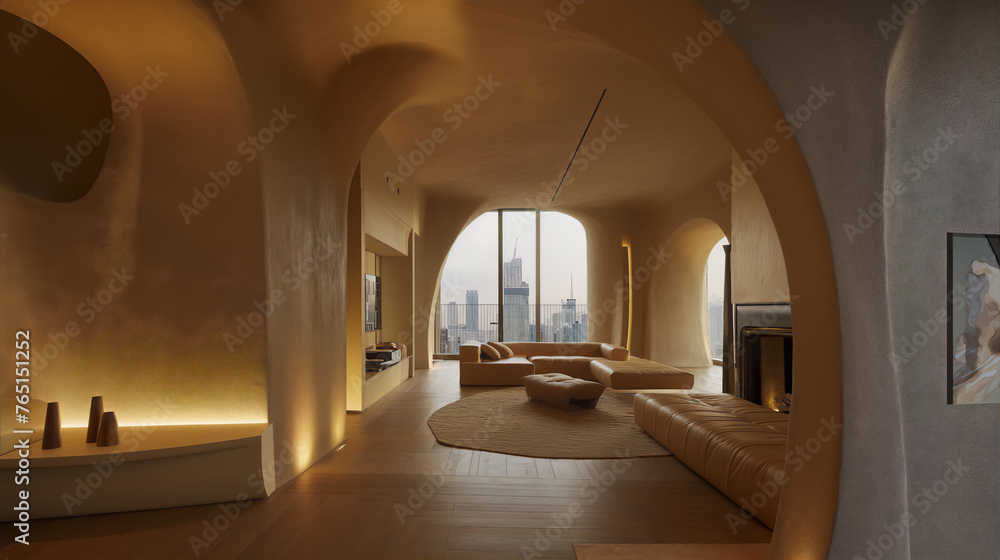 Luxury modern interior design apartment living room with curved walls and large windows with a city view in warm colors