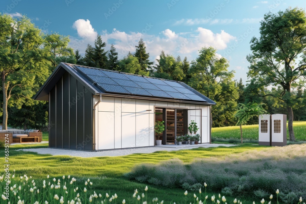 Obraz premium Eco-friendly house with solar panels, 3D rendering of small modern home surrounded by garden under blue sky. Green living concept.