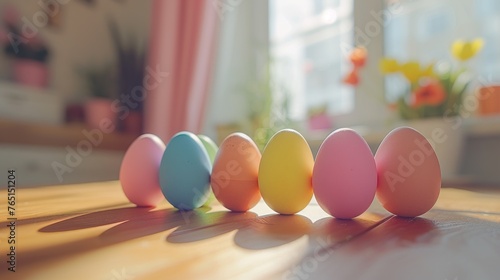 a row of colored eggs sitting on top of a wooden table next to a vase with yellow and pink flowers. photo