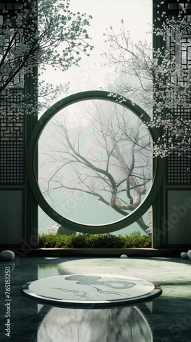 japanese style interior with round window and blossom tree in bloom with pink flowers