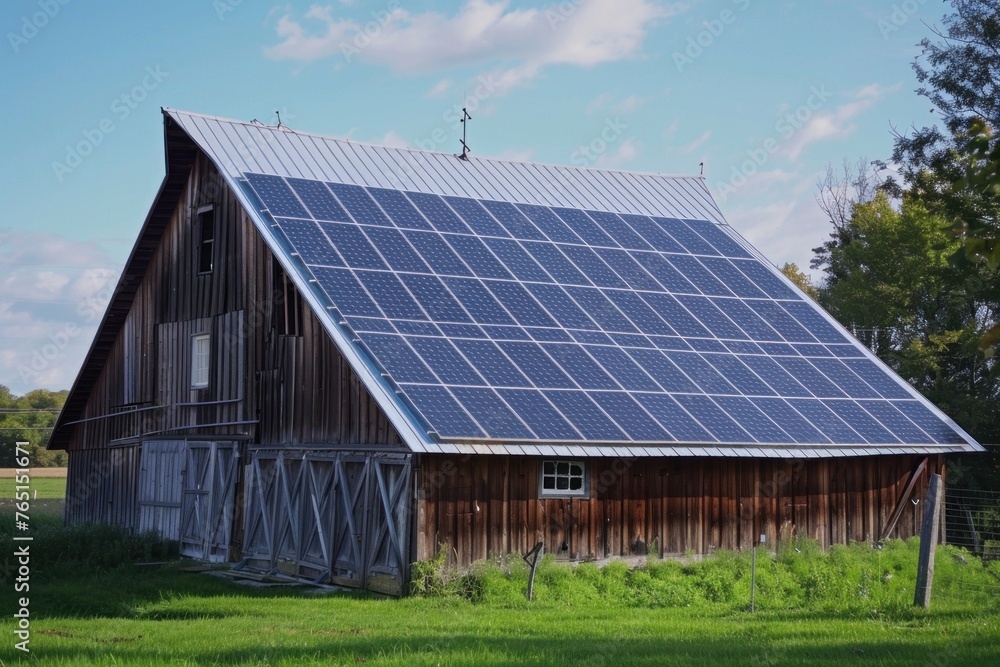 Rustic barn with solar panels generating clean energy under blue sky and surrounded by lush green fields and mountains in the background
