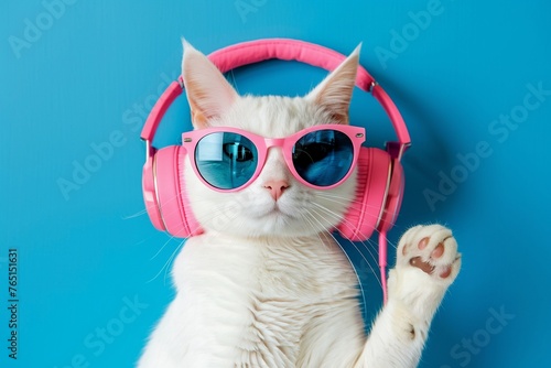 A Cool white cat wearing pink headphones and sunglasses