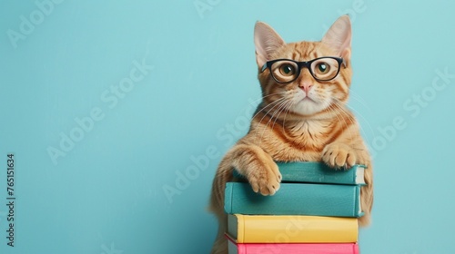 A cute cat with glasses humorously poses as a book lover clutching a stack of colorful hardcovers