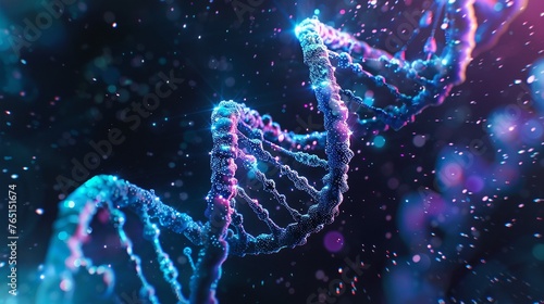 A Digital representation of a glowing DNA double helix with bright blue and purple highlights in a scientific concept image.