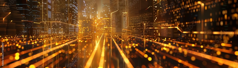 A Golden data streams flowing into a cityscape low light