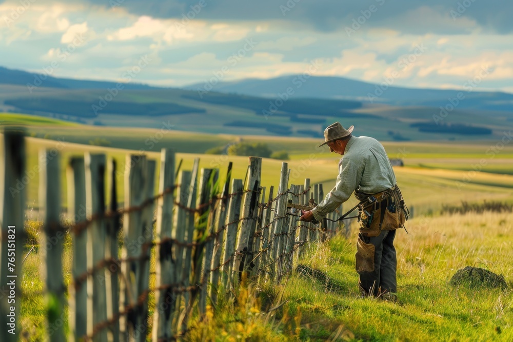 Scenic Countryside Farmers Diligently Mending Fences Amidst the Beauty of Nature, A Testament to Hard Work and Devotion