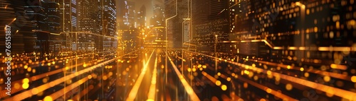 A Golden data streams flowing into a cityscape low light
