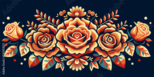 Mexico mexican roses for festival Cinco de mayo. Retro old school roses for chicano tattoo. Vintage rose bouquet with botanical decor on dark background, showcasing classic flora, romantic decoration