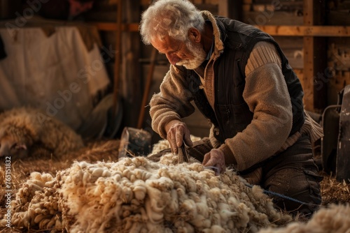 Elderly Caucasian man shearing a sheep in a rustic barn with beautiful natural sunlight streaming through the window