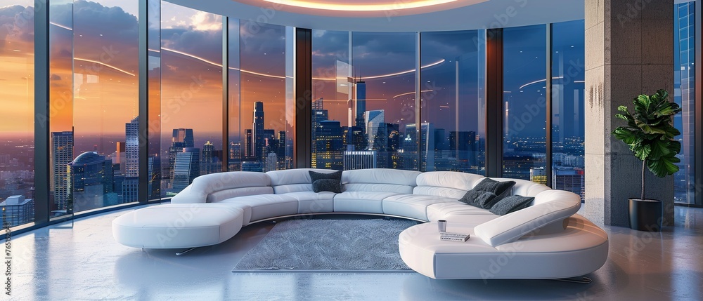 Fototapeta premium A stylish and luxurious modern living room featuring a curved white sofa with a panoramic view of an expansive urban skyline.