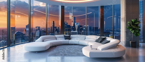 A stylish and luxurious modern living room featuring a curved white sofa with a panoramic view of an expansive urban skyline.
