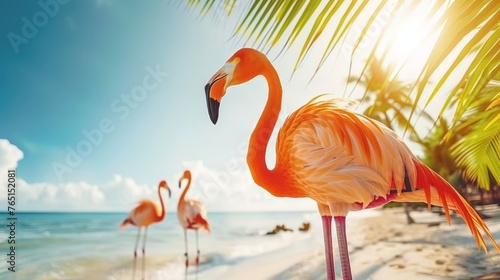 a group of flamingos standing on top of a sandy beach next to the ocean with palm trees in the background.