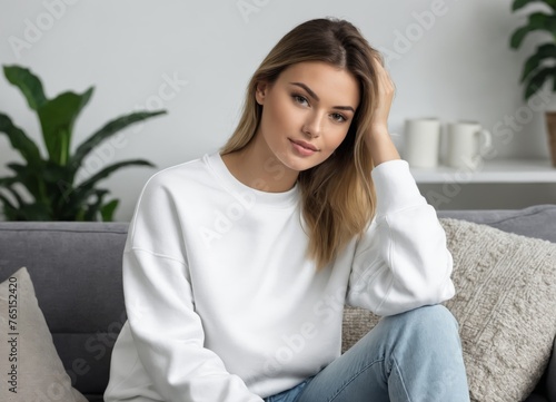  Close up of young woman in blank white tshirt sitting on a couch