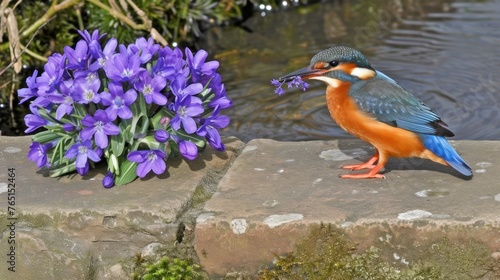 a blue and orange bird standing on a stone ledge next to a pond with purple flowers in front of it. photo