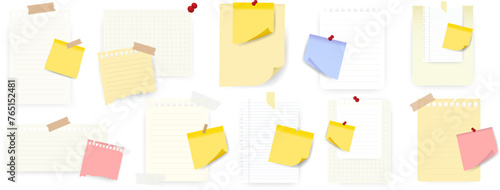 Paper notes, notepad pages, stickers. Sheets of note paper secured with clear tape and a paper clip. Vector EPS 10