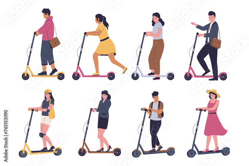 People riding electric kick scooters, eco friendly transportation. Vector flat illustration