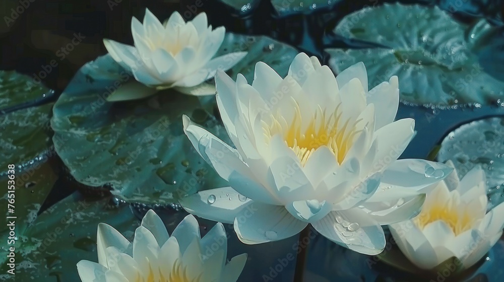 a group of white water lilies floating on top of a green leafy pond filled with water lilies.