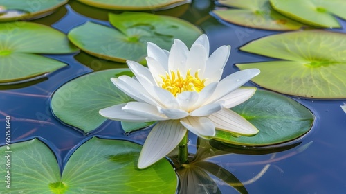 a white water lily floating on top of a pond filled with green lily pads and water lilies on a sunny day.