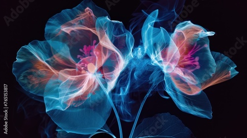 a close up of a flower with blue and pink smoke coming out of it's petals on a black background.