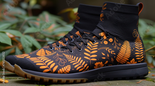 a pair of black and orange shoes sitting on top of a leafy green plant covered ground in front of a bush. photo