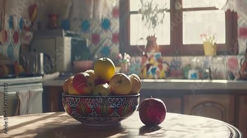 a bowl of fruit sitting on top of a wooden table next to an apple and a bowl of oranges. photo