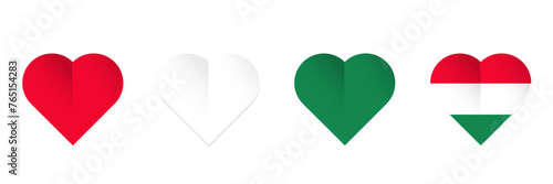 Hungary flag in heart shape. Set of hearts with Hulgarian flag colors. 3d Paper art and craft style. Vector illustration isolated on white background.