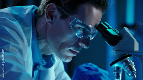 A scientist peers through a microscope in a dimly lit lab.