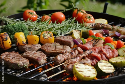 Barbecue table meat vegetables. Steak menu. Generate Ai