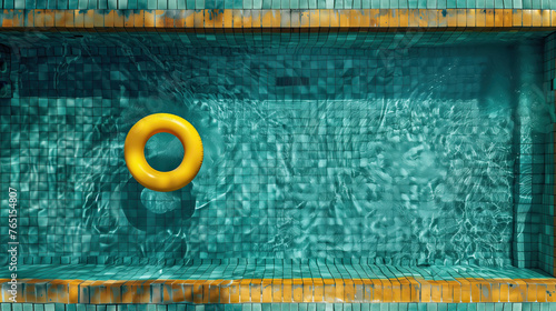 Flotador amarillo en un lado de una piscina rectangular de azulejos verde azulados, borde la piscina amarillo, gasta por el tiempo, sensación de profundidad, agua cristalina, seguro, vida, vacaciones photo