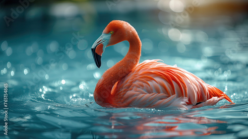 Flamenco color salmón, posado sobre aguas tranquilas, azules, brillo del reflejo del sol sobre el agua, primer plano, vista lateral, plumaje blanco y tonos naranjas, pico y cuello largos, naturaleza 