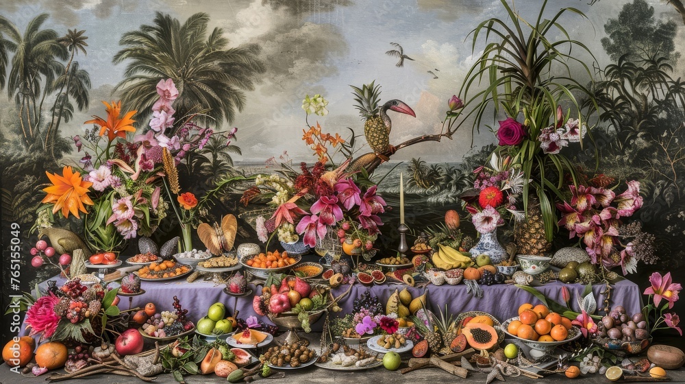 a painting of a table full of fruit and flowers with a bird sitting on the top of one of the tables.
