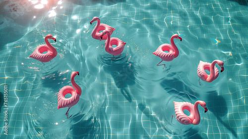 Ilusión óptica flamencos flotador rosados con forma de corazón, flotando en el agua de una piscina con agua cristalina, vacaciones, fantasía, moda, atracción turística, hoteles creativos photo