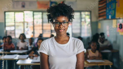 A smiling woman with glasses stands in front of a classroom full of seated students.