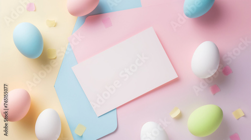 Colorful small easter eggs. Pastel tones. Spring design element. Blank card mockup.