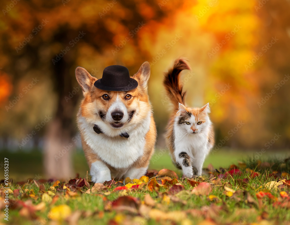 -a couple of friends of a corgi dog in a hat and a cat walk in an autumn park among fallen leaves in an autumn sunny park -a couple of friends of a corgi dog in a hat and a cat walk in an autumn park among fallen leaves in an autumn sunny park