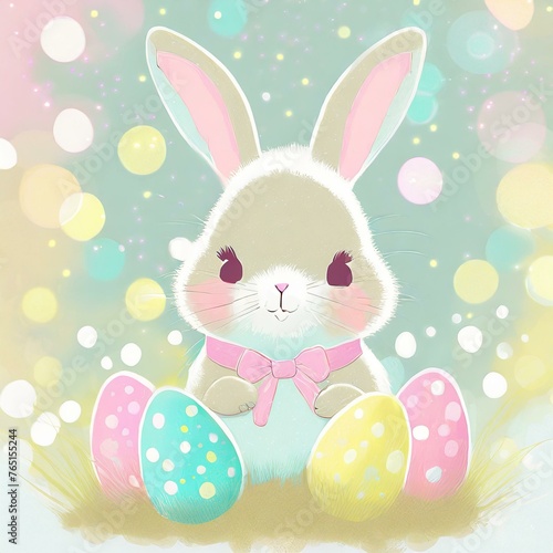 Easter bunny rabbit with colorful easter eggs. Cute springtime clipart in pastel watercolours, bokeh light. 