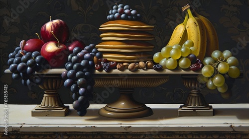 a painting of a cake, grapes, bananas, apples, and other fruit on a platter on a table.